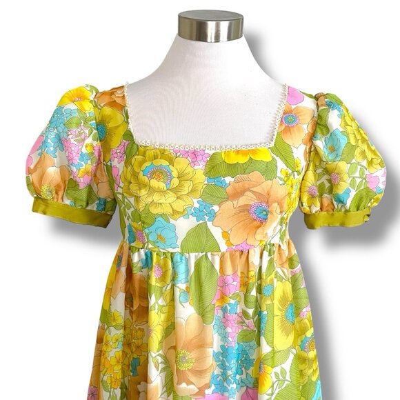 Vintage 1960s Womens Maxi Dress Sz Small Medium Boho Floral Puff Sleeve Tiered - Picture 6 of 10